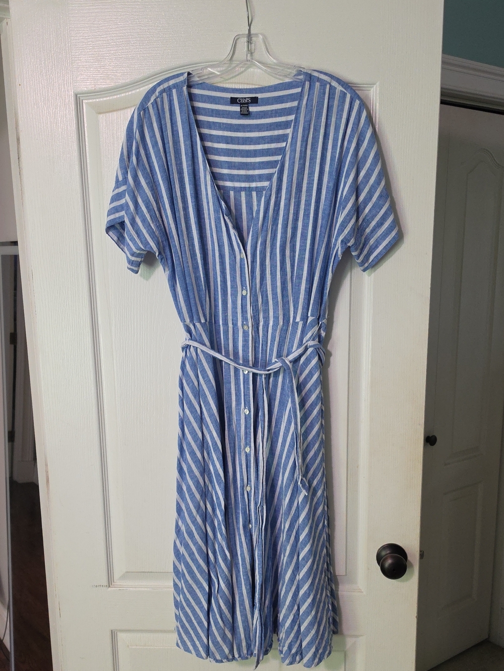 Chaps Blue & White Vertical-Stripe Midi Shirt Dress- lovely flowy cotton